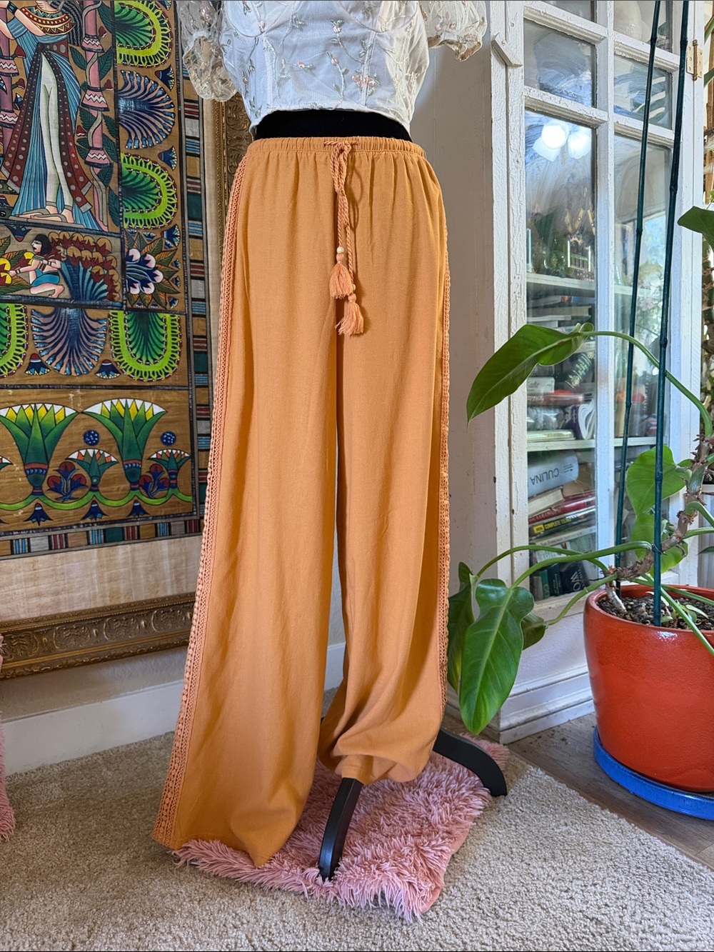 Boho Wide-Leg Tassel Drawstring Pants - Orange